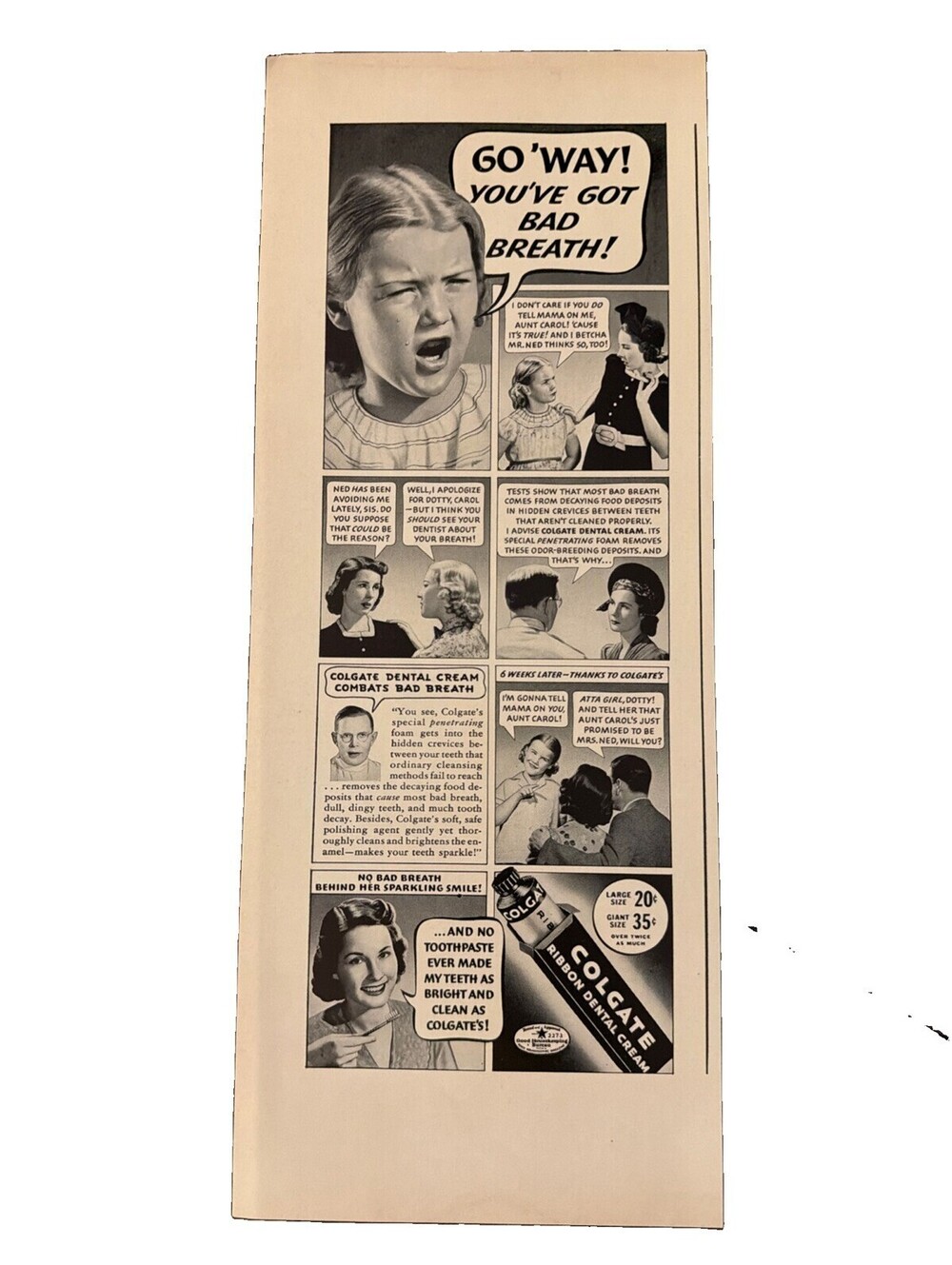 1938 Colgate Toothpaste Print Ad Bad Breath Comic Panels Dentist Dental Brushing